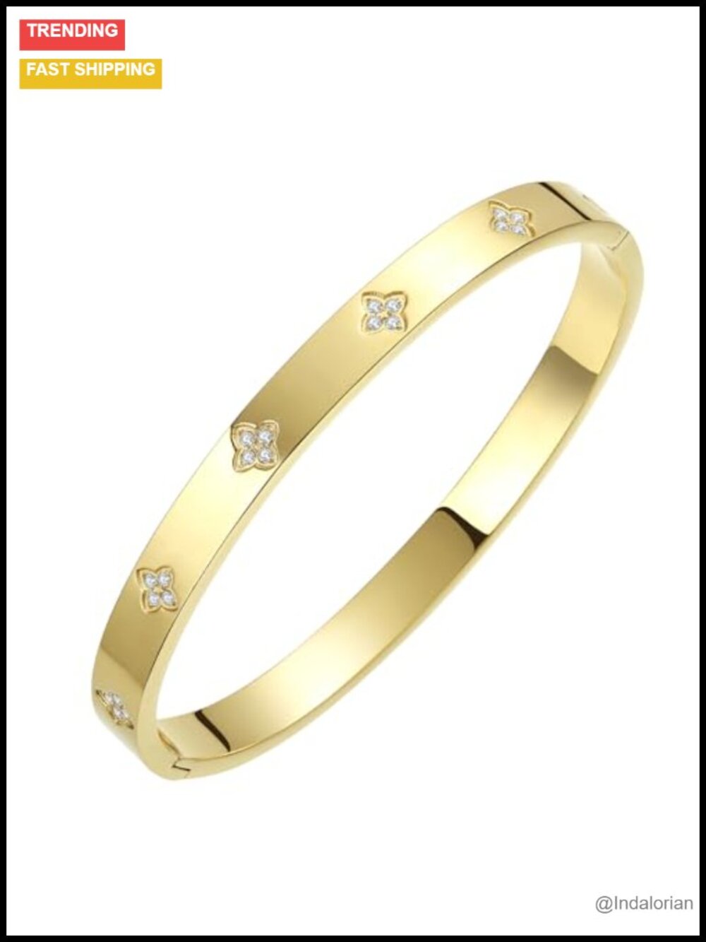 14K Gold Plated Four Leaf Clover Bangle Bracelet Stainless Steel CZ